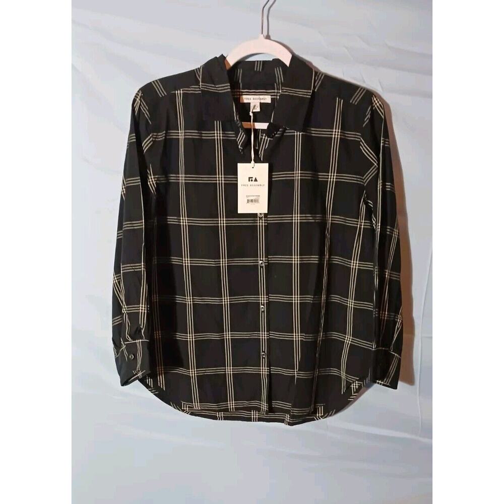 Free Assembly Womens Small Black Plaid Button Up Shirt 100% Cotton NWT